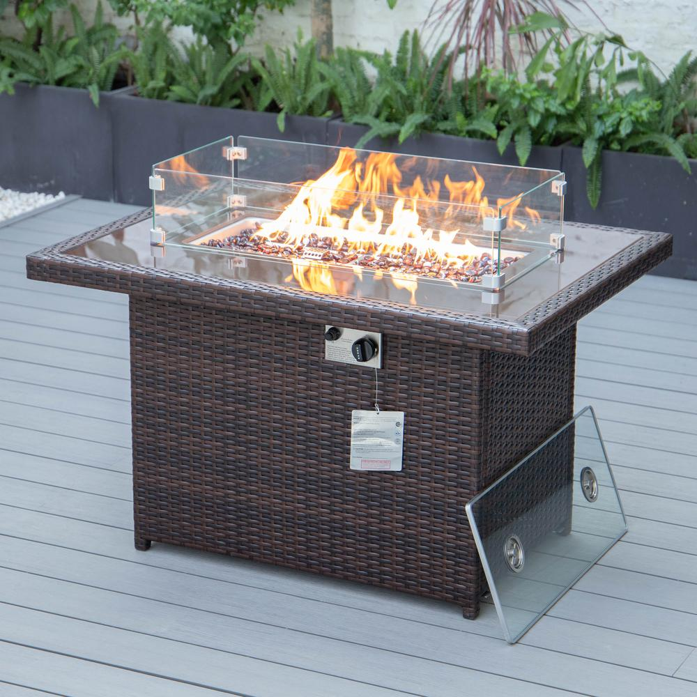 LeisureMod Mace Wicker Patio Modern Propane Fire Pit Table, Dark Brown - Cozy, Elegant, and Functional Outdoor Ambiance