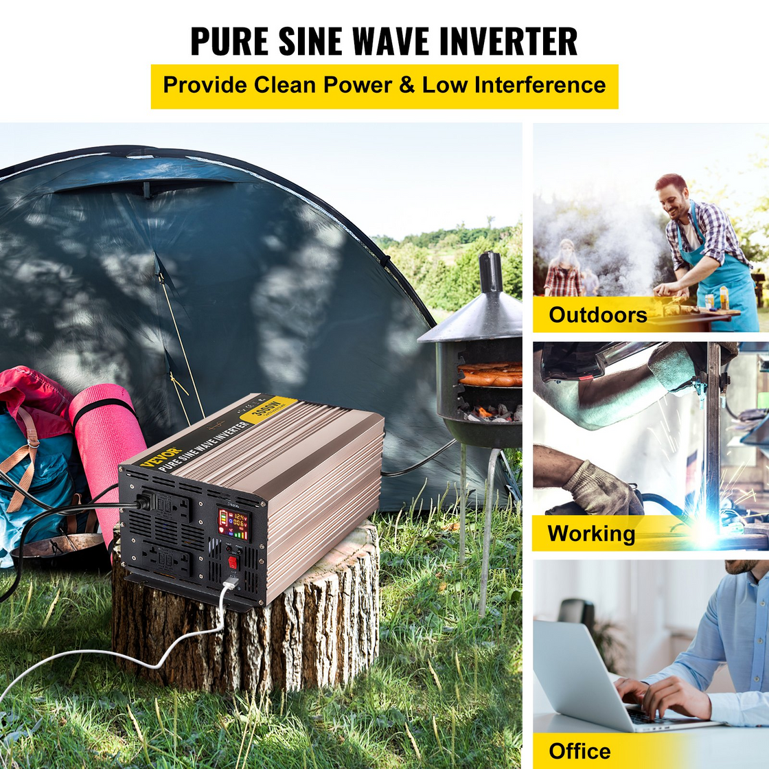 VEVOR Pure Sine Wave Inverter - 3000 Watt Power Converter for Car, RV Truck, Solar System, Travel Camping
