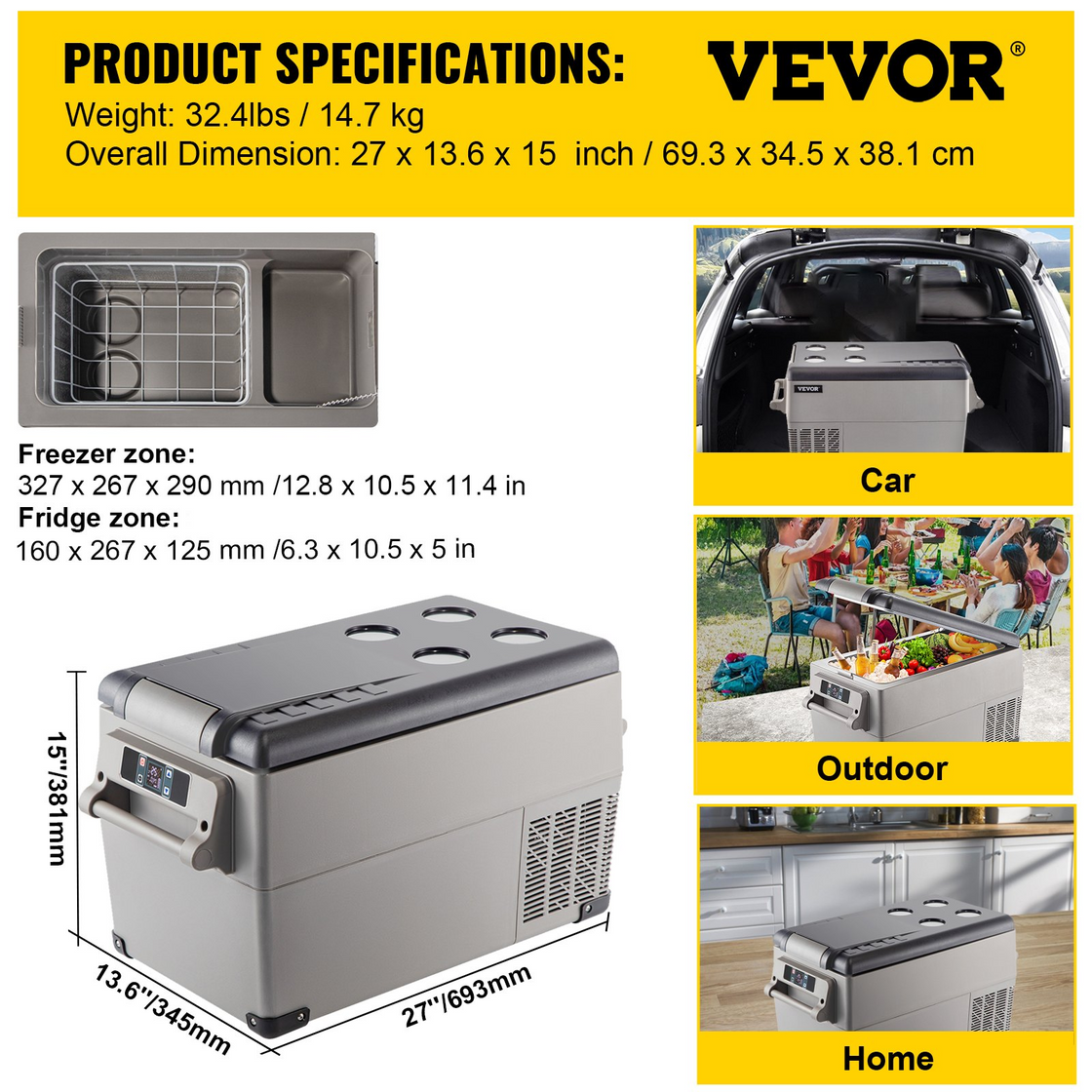 VEVOR Portable Refrigerator 37 Quart - Car Refrigerator Dual Zone with App Control