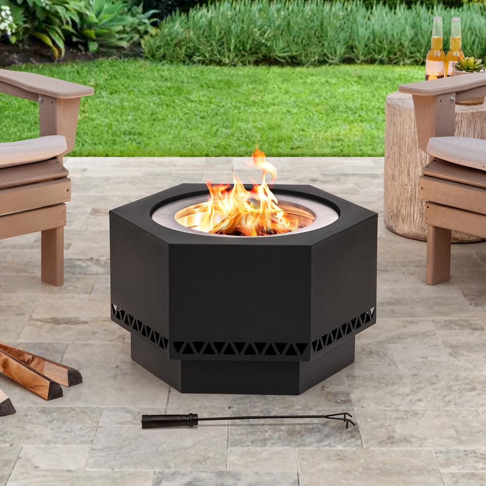 Lawrence Black 28 Inch Hexagonal Smokeless Fire Pit | Premium Rust-Proof Stainless Steel | Lightweight & Portable