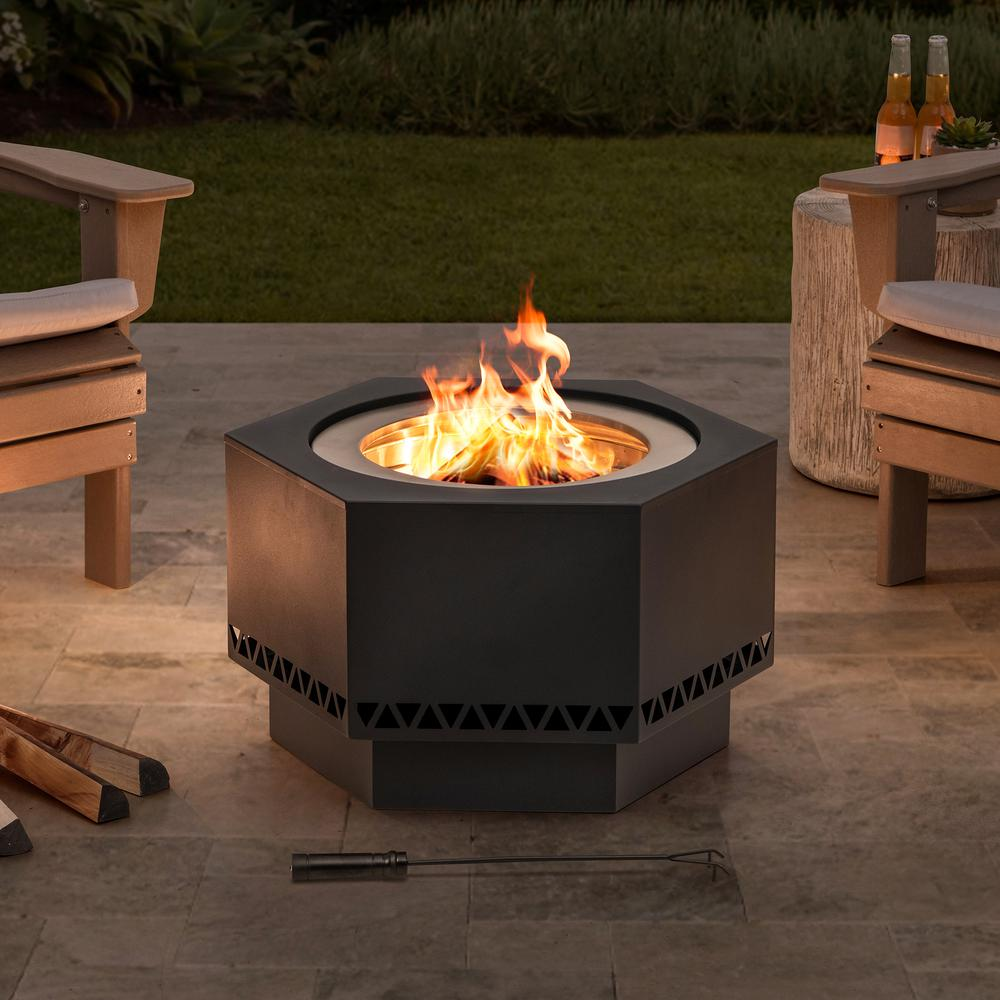 Lawrence Black 28 Inch Hexagonal Smokeless Fire Pit | Premium Rust-Proof Stainless Steel | Lightweight & Portable