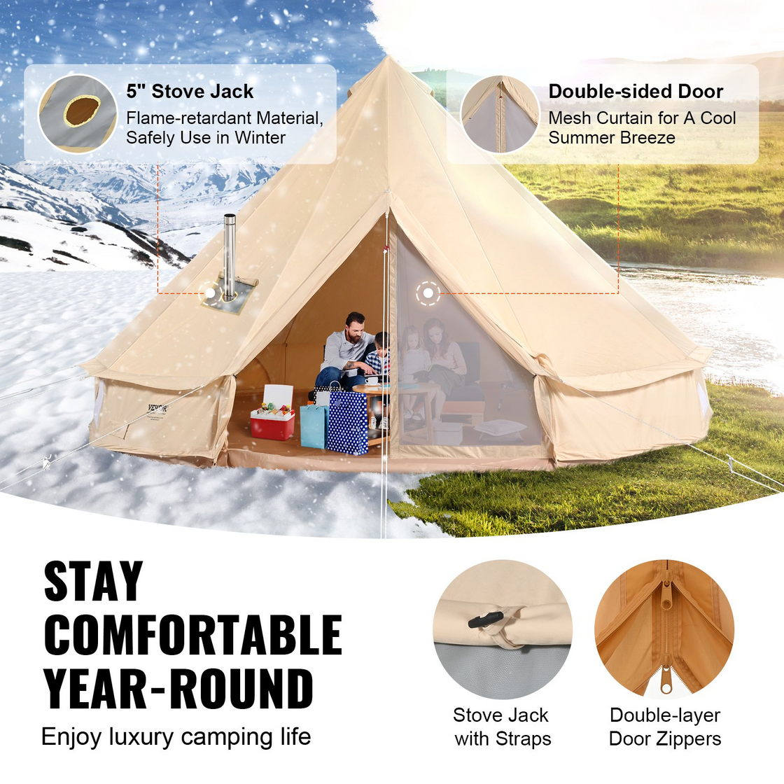 VEVOR Canvas Bell Tent - 4 Seasons 5m/16.4ft Yurt Tent for Camping with Stove Jack - Breathable Tent for 8 People