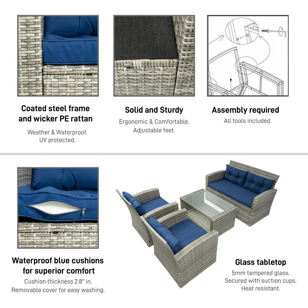 Terrazzo 4 Piece All-Weather Wicker Patio Seating Set With Cushions - Comfortable and Sturdy Outdoor Furniture