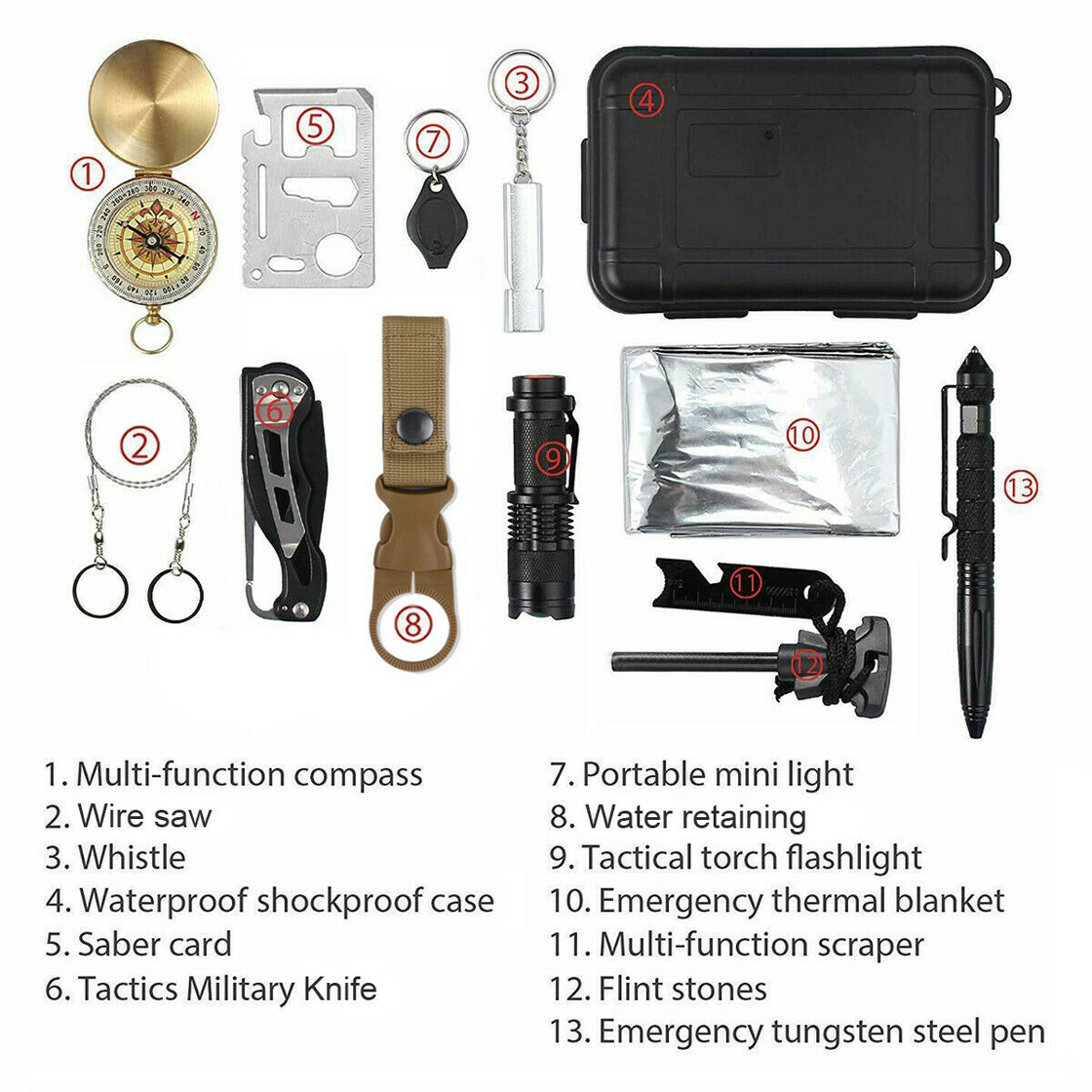 14-in-1 Outdoor Emergency Survival Gear Kit - Camping Tactical Tools SOS EDC Case