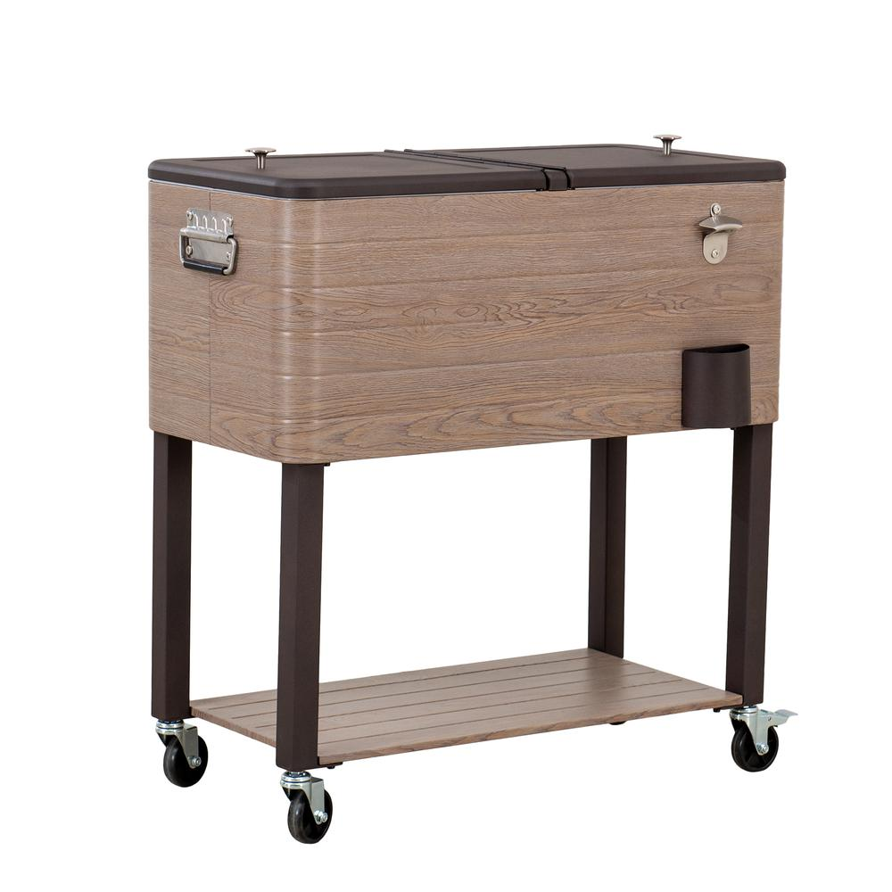 80-Quart Wood Grain Metal Rolling Ice Chest Cooler Cart with Storage Shel