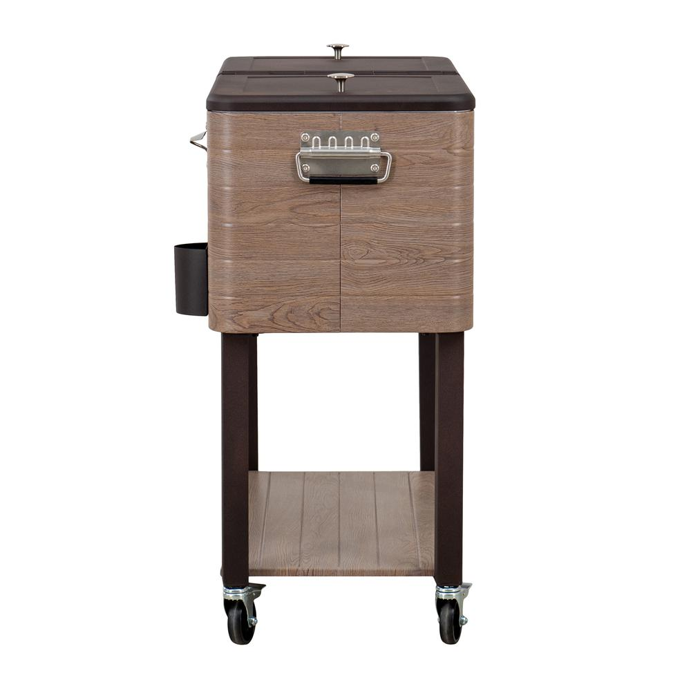 80-Quart Wood Grain Metal Rolling Ice Chest Cooler Cart with Storage Shelf