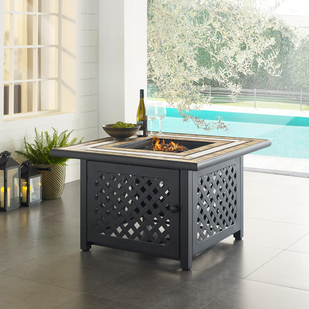 Tucson Fire Table, Brown - Weather-Resistant Steel Frame, Tiled Stone Top