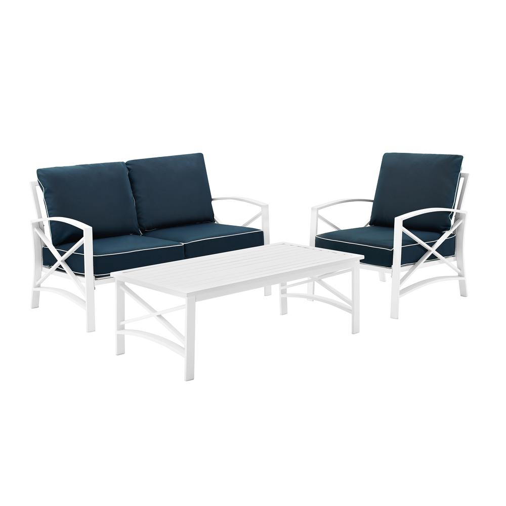 Kaplan 3Pc Outdoor Metal Conversation Set Navy/White - Loveseat, Chair, & Coffee Table