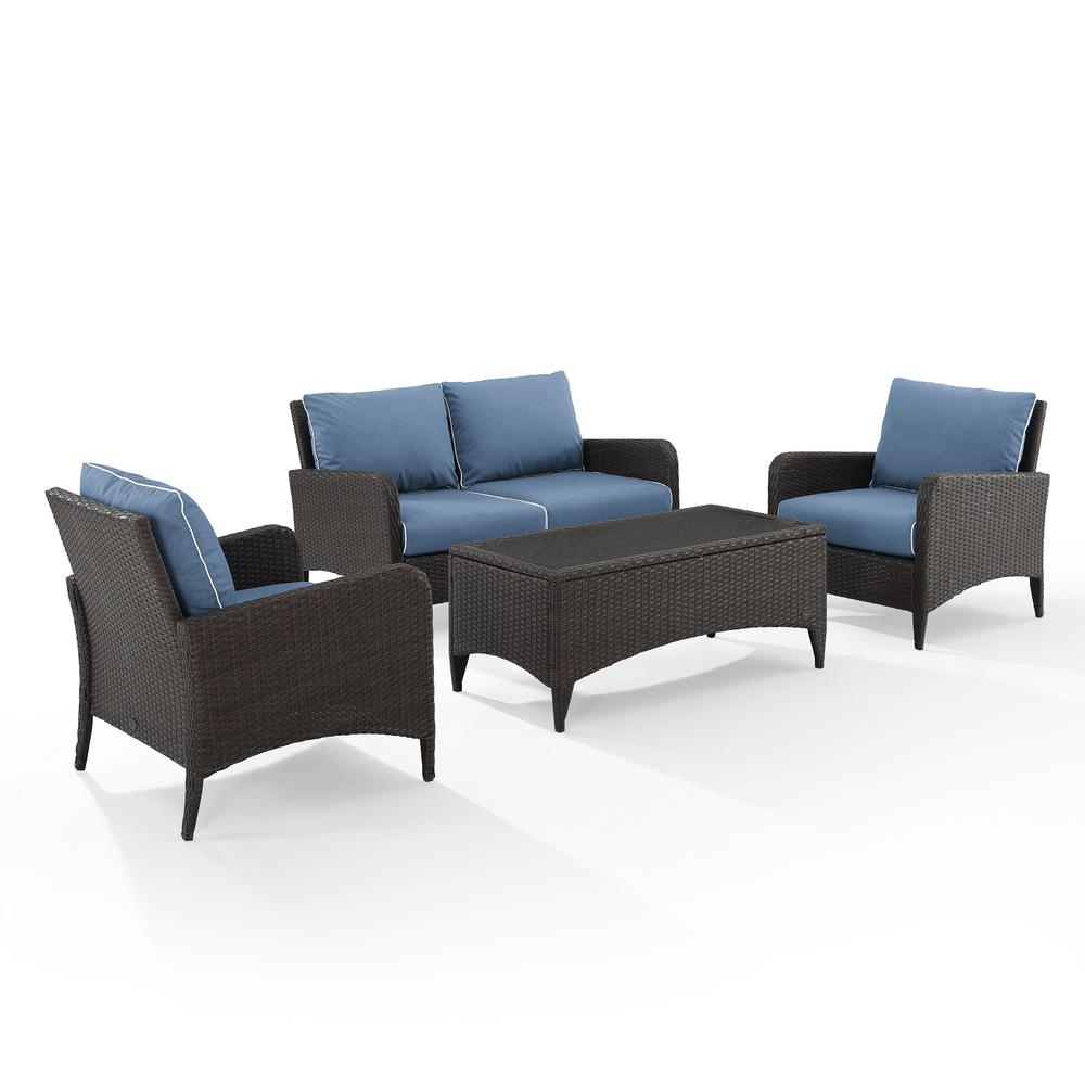 Kiawah 4Pc Outdoor Wicker Conversation Set Blue/Brown - Loveseat, 2 Arm Chairs & Coffee Table