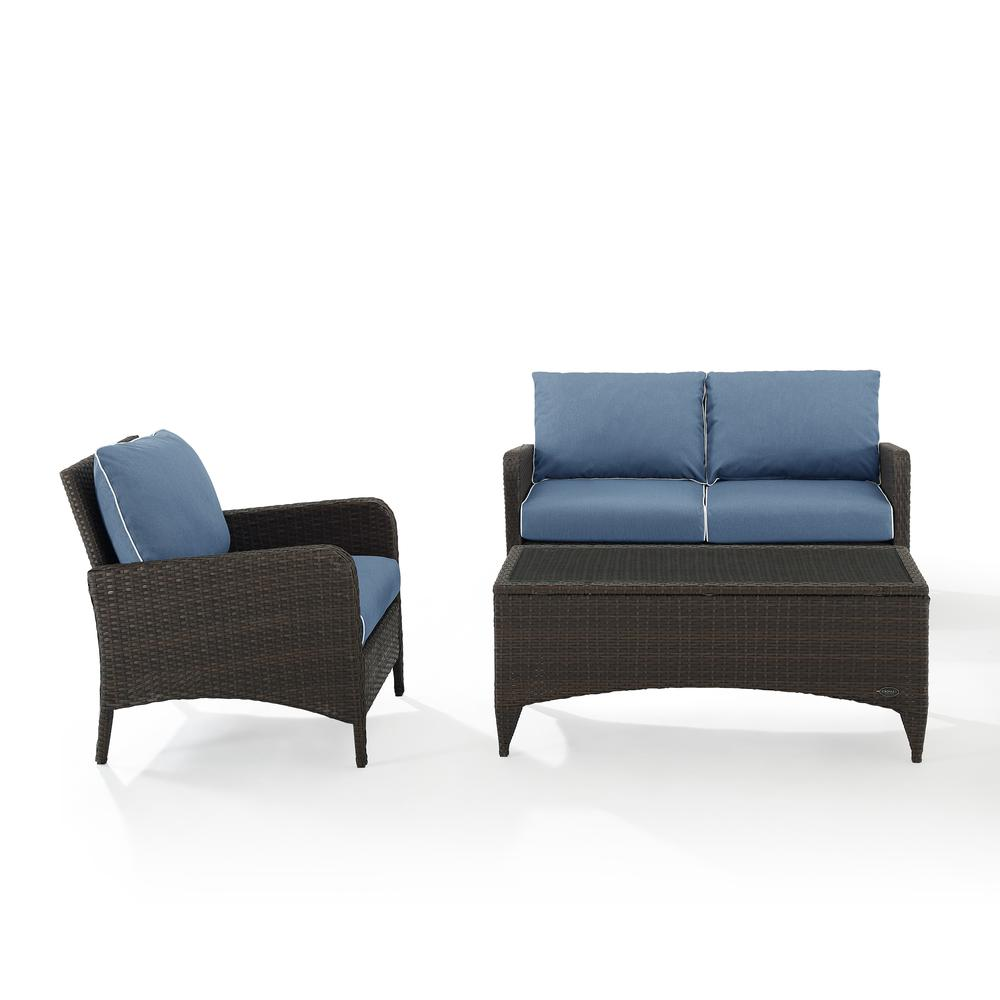 Kiawah 3Pc Outdoor Wicker Conversation Set Blue/Brown - Loveseat, Arm Chair & Coffee Table