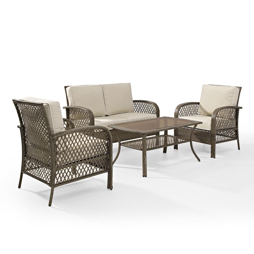 Tribeca 4Pc Outdoor Wicker Conversation Set in Sand/Driftwood - Loveseat, Coffee Table, & 2 Arm Chairs