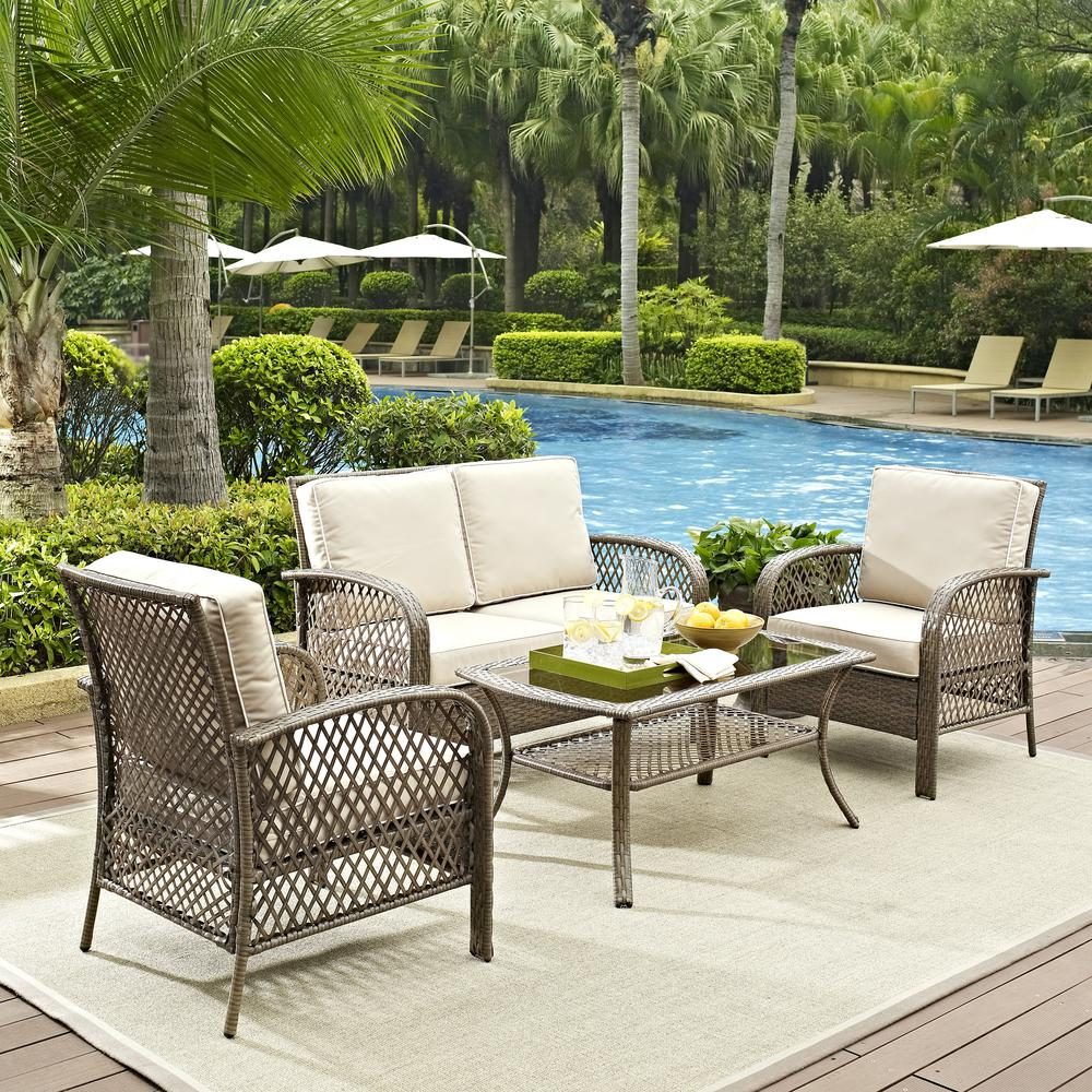 Tribeca 4Pc Outdoor Wicker Conversation Set in Sand/Driftwood - Loveseat, Coffee Table, & 2 Arm Chairs