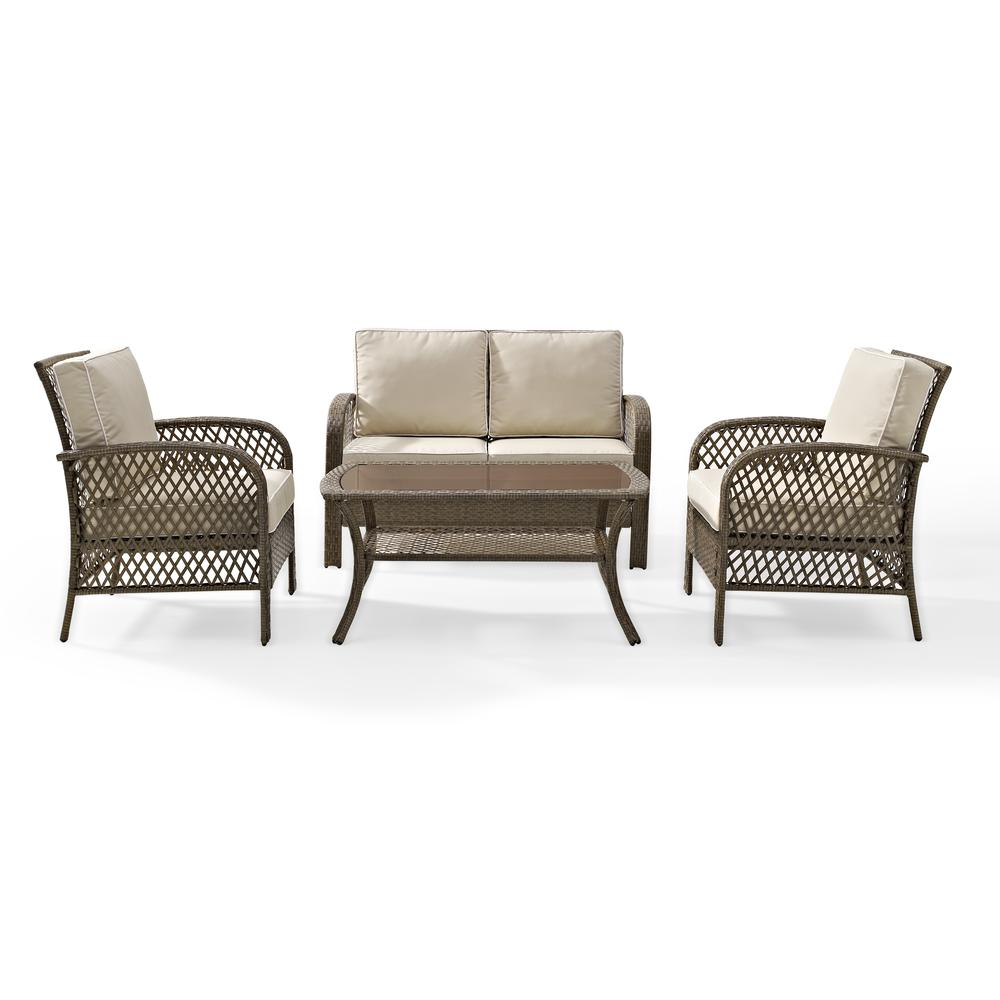 Tribeca 4Pc Outdoor Wicker Conversation Set in Sand/Driftwood - Loveseat, Coffee Table, & 2 Arm Chairs