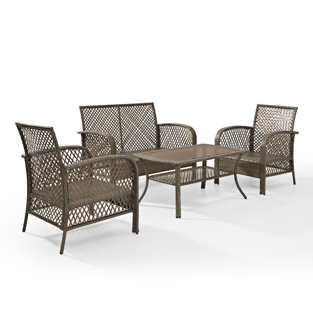 Tribeca 4Pc Outdoor Wicker Conversation Set in Sand/Driftwood - Loveseat, Coffee Table, & 2 Arm Chairs