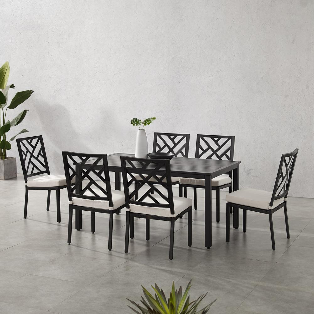 Locke 7Pc Outdoor Metal Dining Set - Weather-Resistant Steel, Chippendale Back, Removable Cushions