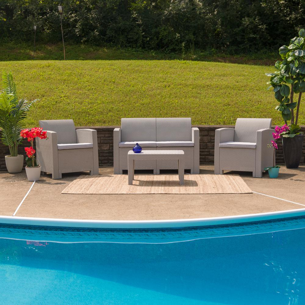 4 Piece Outdoor Faux Rattan Chair, Loveseat, and Table Set in Light Gray - Stylish and Comfortable Outdoor Seating