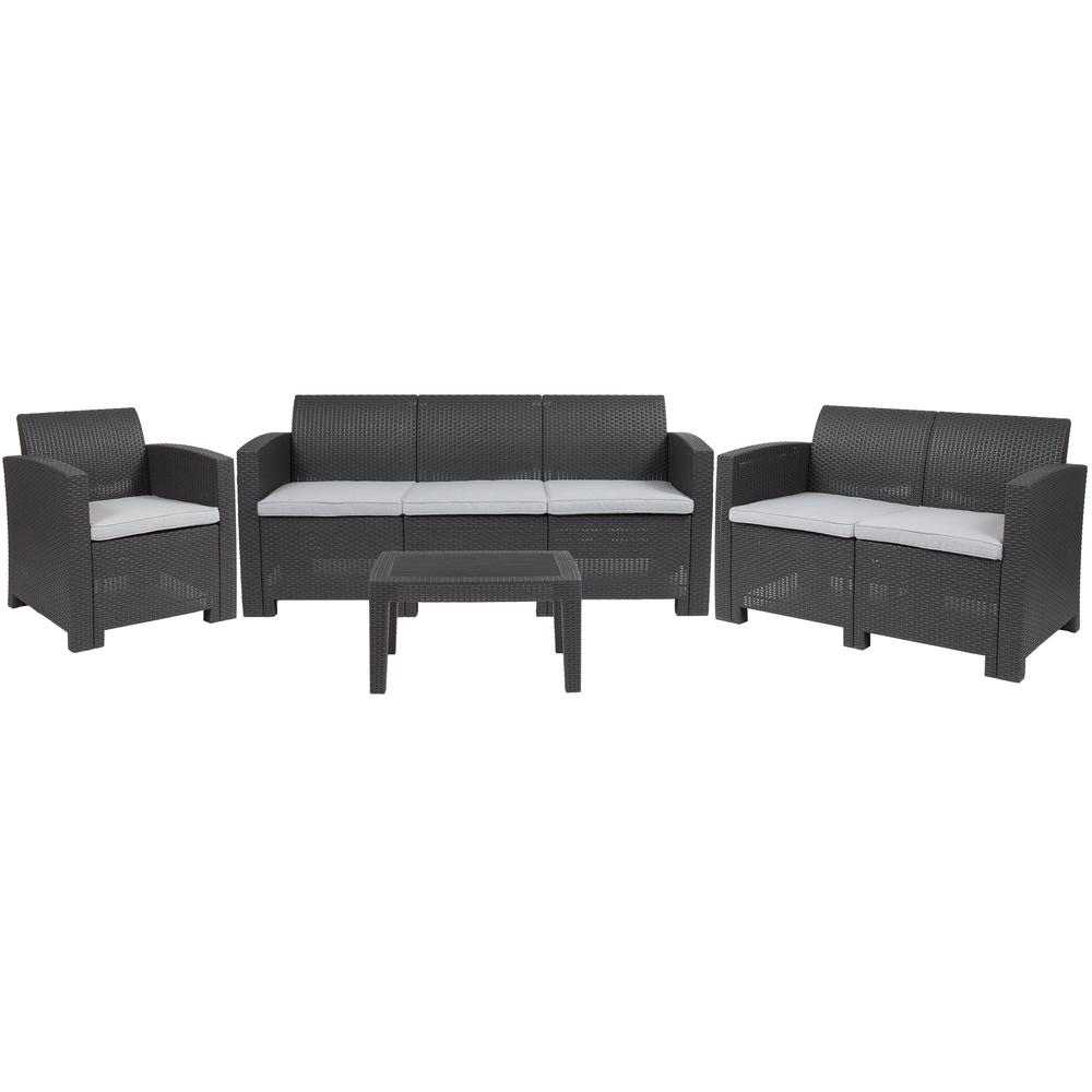 4 Piece Outdoor Faux Rattan Chair, Loveseat, Sofa and Table Set in Dark Gray - Durable and Stylish