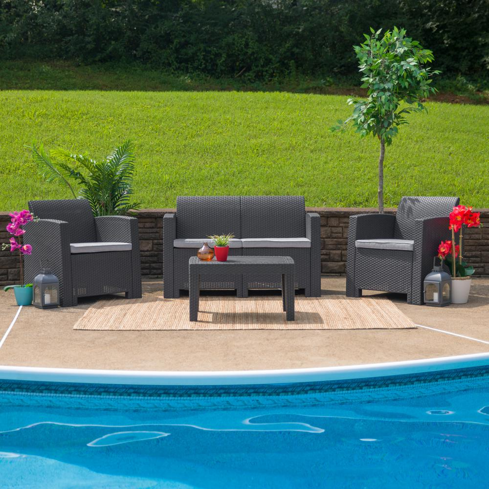 4 Piece Outdoor Faux Rattan Chair, Loveseat and Table Set in Dark Gray - Perfect for Outdoor Relaxation