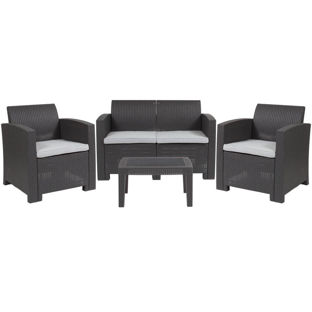 4 Piece Outdoor Faux Rattan Chair, Loveseat and Table Set in Dark Gray - Perfect for Outdoor Relaxation