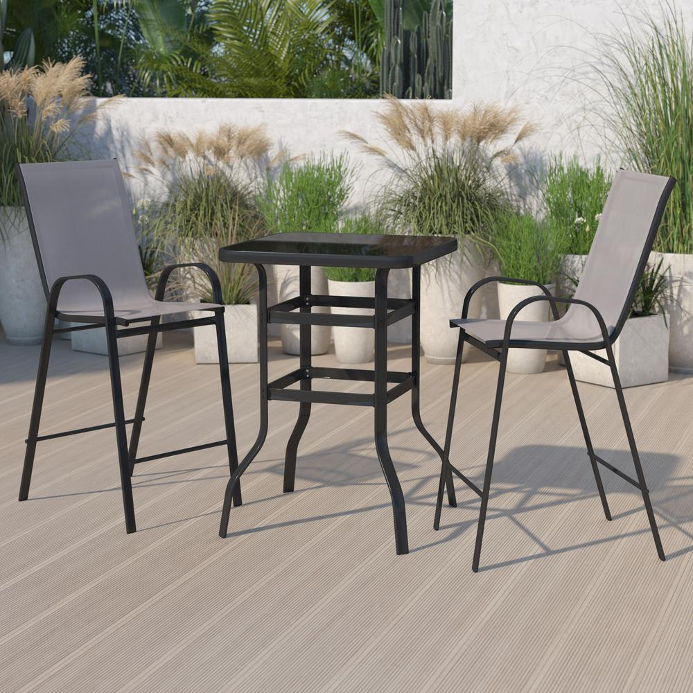 Outdoor Dining Set - 2-Person Bistro Set | Glass Bar Table with Gray All-Weather Patio Stools