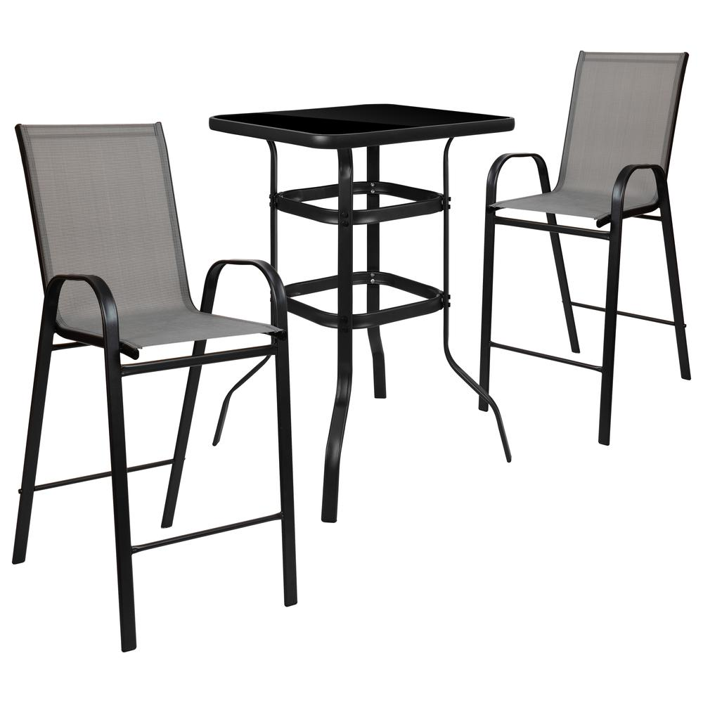 Outdoor Dining Set - 2-Person Bistro Set | Glass Bar Table with Gray All-Weather Patio Stools