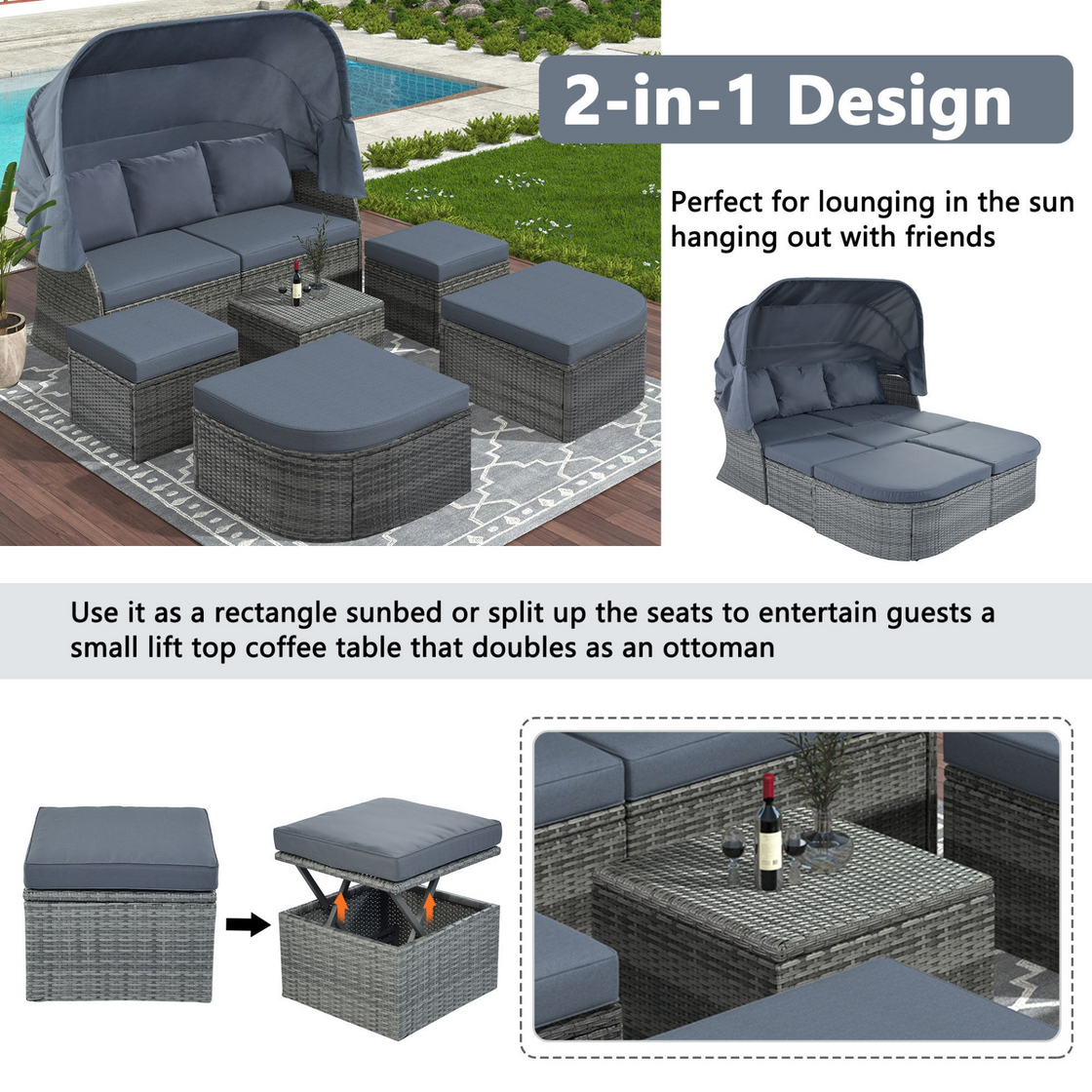U_STYLE Outdoor Patio Furniture Set Daybed Sunbed with Retractable Canopy - Versatile and Stylish