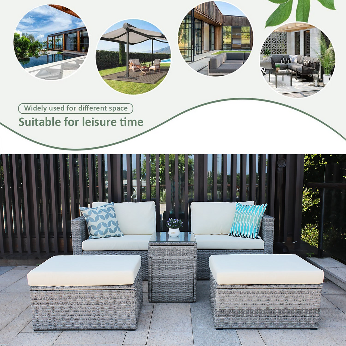 5 Pieces Outdoor Patio Wicker Sofa Set Grey Rattan and Beige Cushion with Weather Protecting Cover