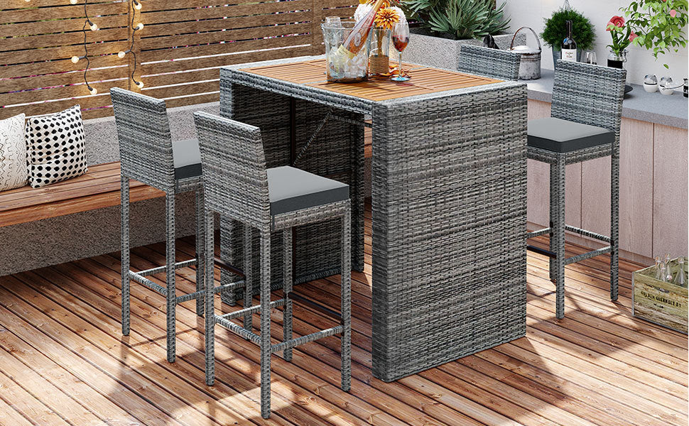 GO 5-pieces Outdoor Patio Wicker Bar Set, Bar Height Chairs With Non-Slip Feet And Fixed Rope, Removable Cushion, Acacia Wood Table Top, Brown Wood
