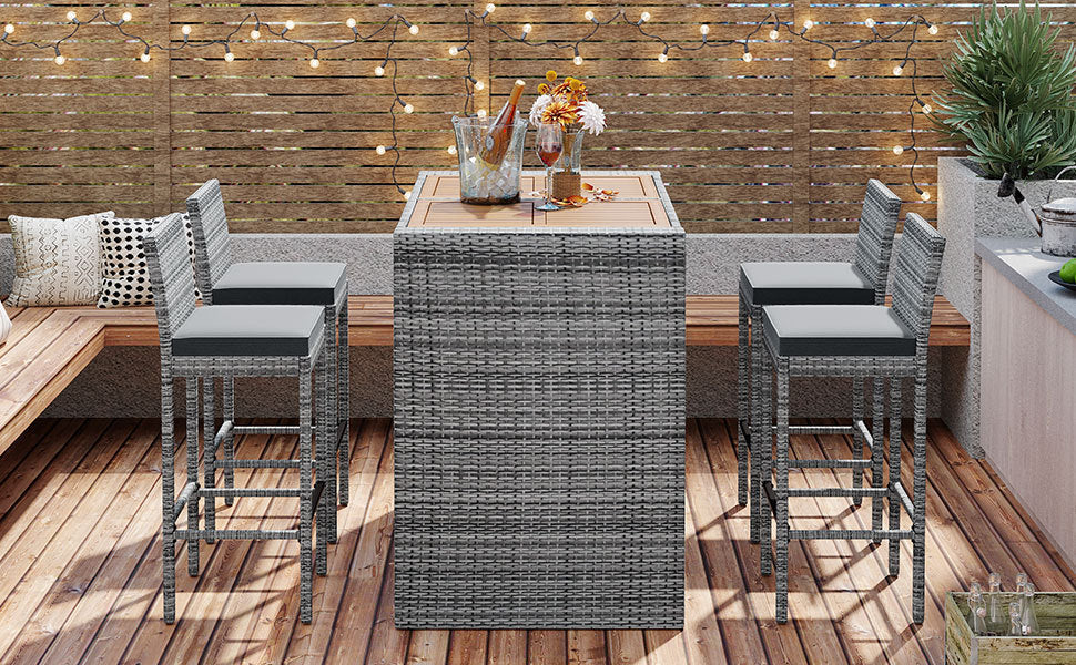 GO 5-pieces Outdoor Patio Wicker Bar Set, Bar Height Chairs With Non-Slip Feet And Fixed Rope, Removable Cushion, Acacia Wood Table Top, Brown Wood