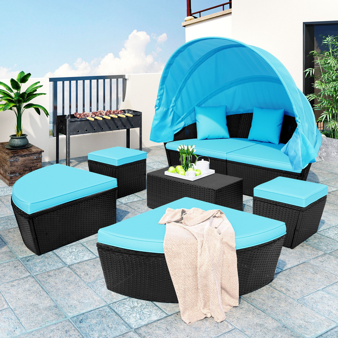 TOPMAX Outdoor Rattan Daybed Sunbed with Canopy, Round Sectional Sofa Set (Blue)