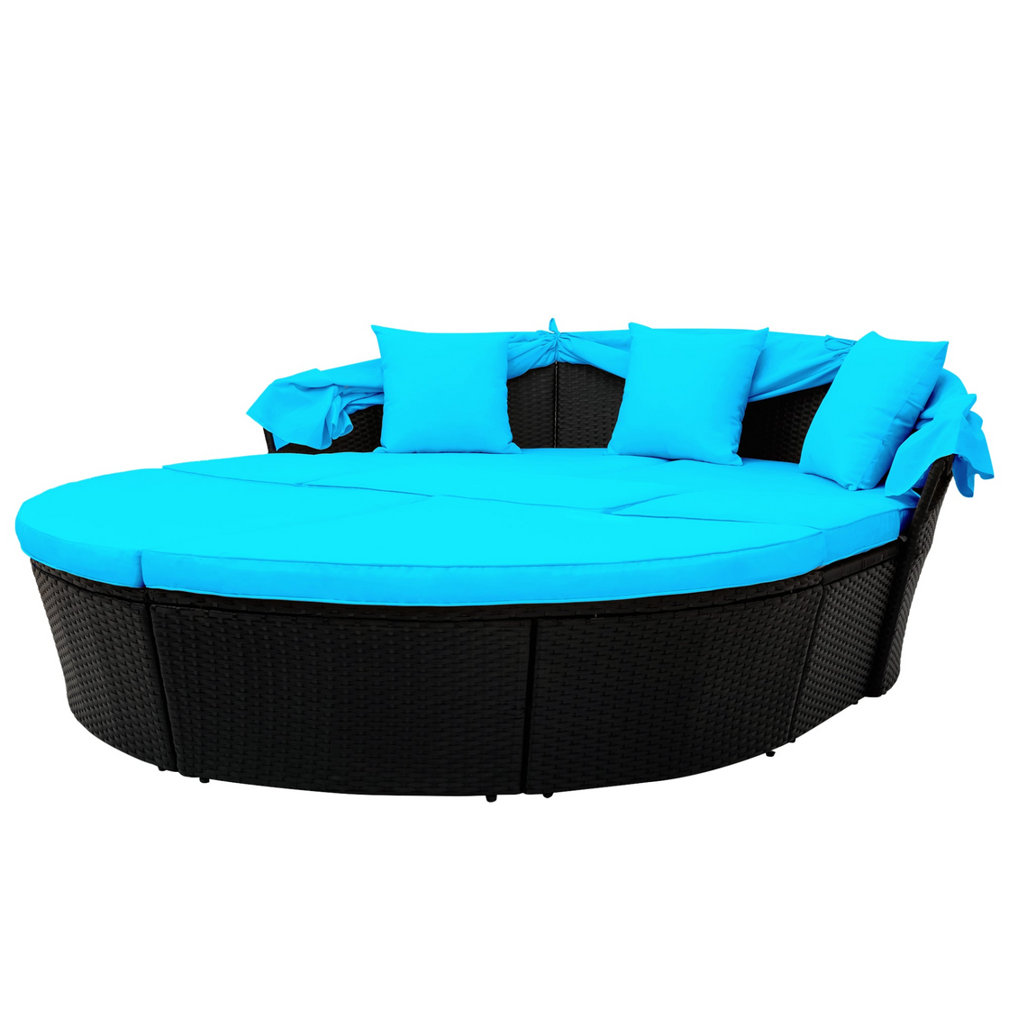 TOPMAX Outdoor Rattan Daybed Sunbed with Canopy, Round Sectional Sofa Set (Blue)