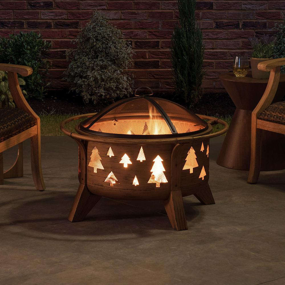 Outdoor Wood-Burning Fire Pit, Patio Tree Motif Steel Firepit Large Fire Pits