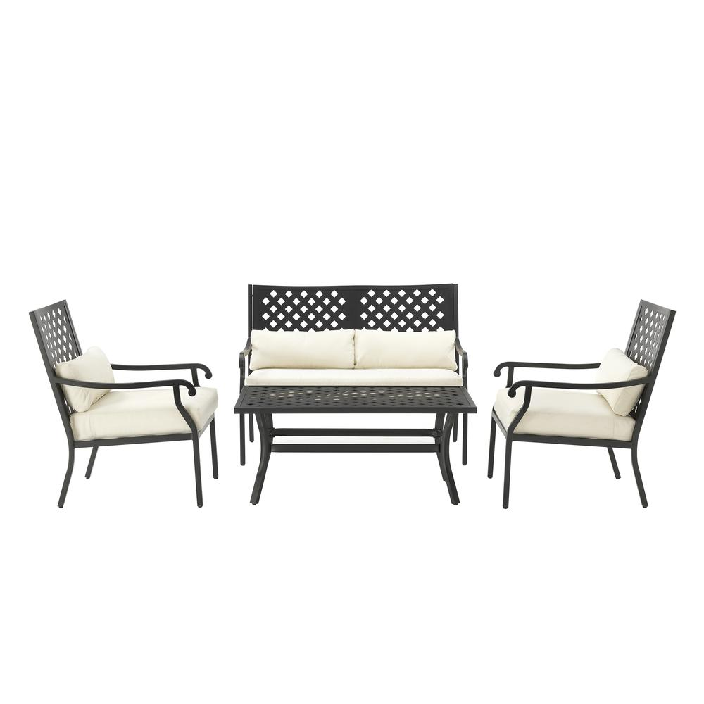 Alistair 4Pc Outdoor Metal Conversation Set Creme/Matte Black - Loveseat, Coffee Table, & 2 Armchairs