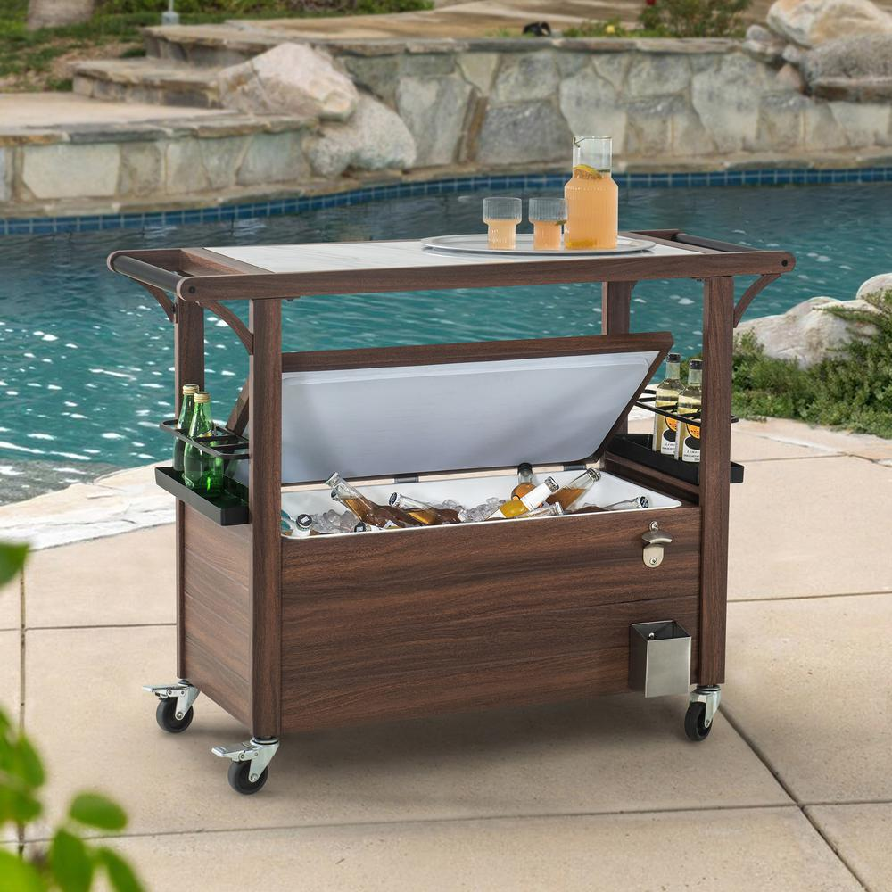 Sunjoy Brown Metal Rolling Serving Trolley with Marble Countertop - Stylish and Convenient Bar Cart