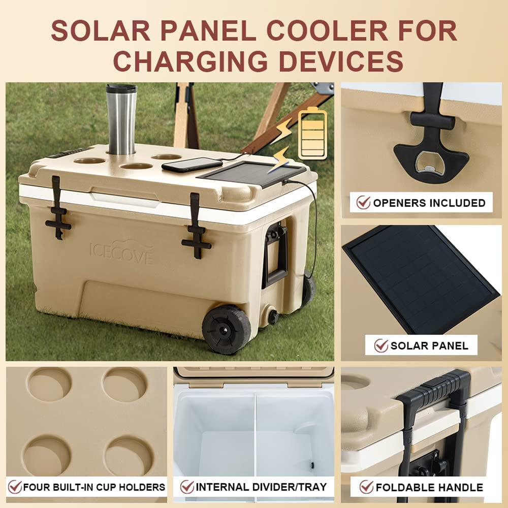60-Quart Insulated Portable Rolling Ice Chest Solar Cooler with Wheels
