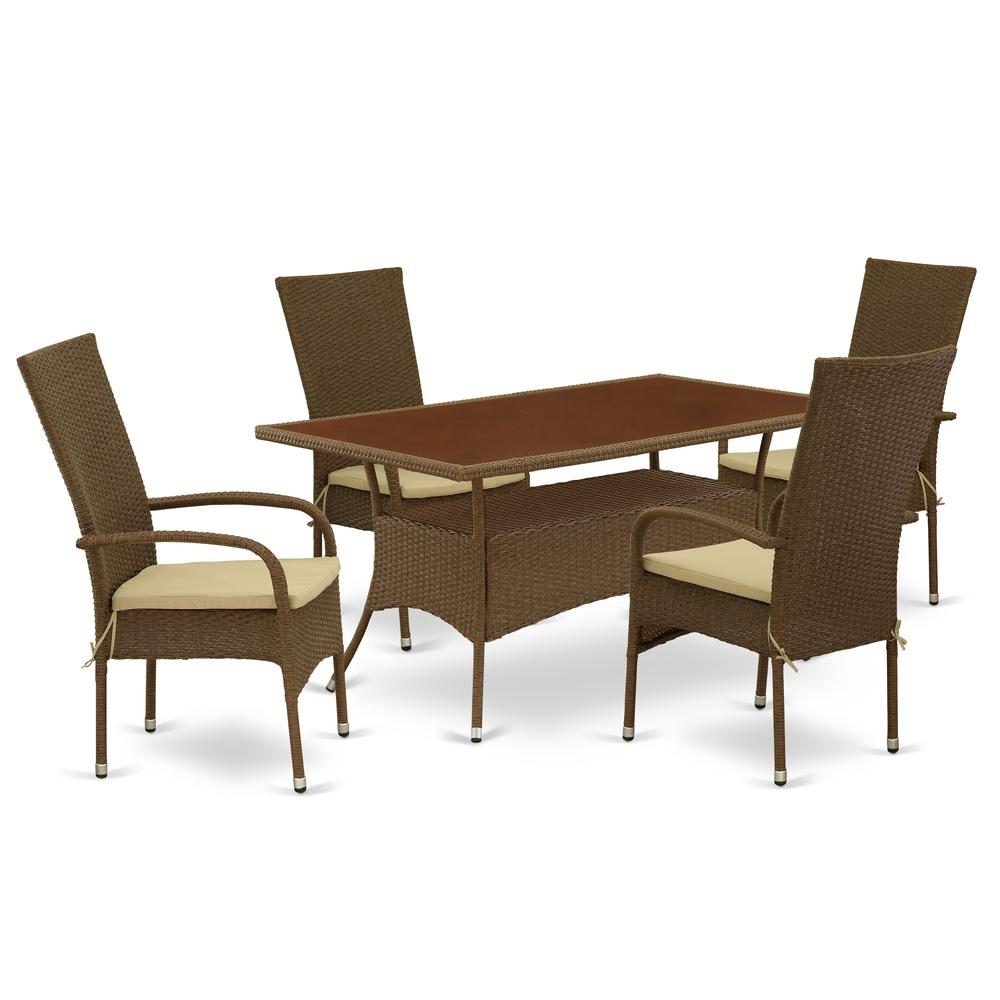 Brown Wicker Patio Set - OSOS5-02A | Outdoor Furniture Set with Acacia Wood Table and Single Armchairs