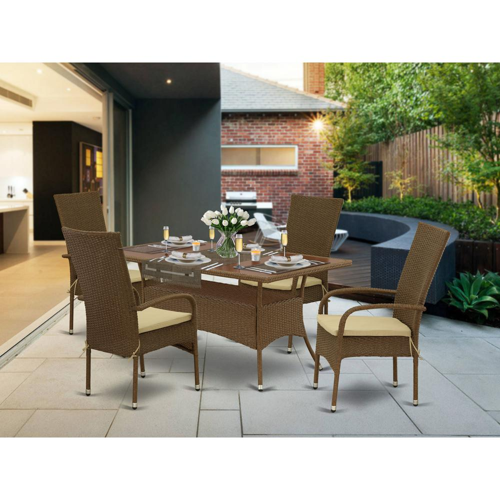 Brown Wicker Patio Set - OSOS5-02A | Outdoor Furniture Set with Acacia Wood Table and Single Armchairs