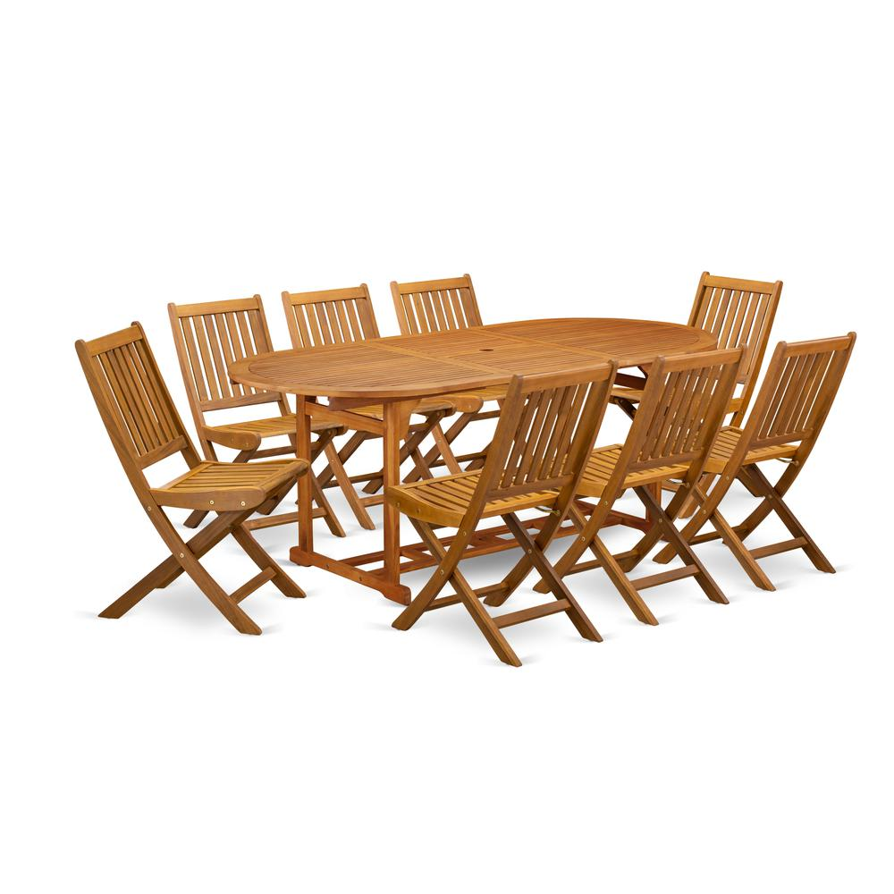 East West Furniture BSDK9CWNA 9-Piece Patio Set- 8 Modern Chairs Slatted Back and Outdoor Coffee Table and Round Top with Wood 4 legs - Natural Oil Finish