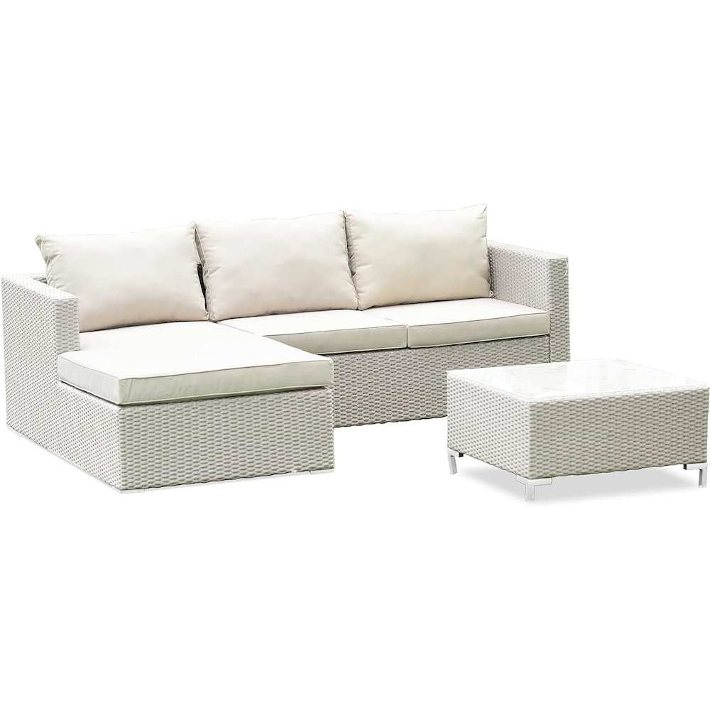 Wicker Patio Set Natural Linen | ACL3S03A | Outdoor-Furniture Sectional Conversation Set with Table and Cushions