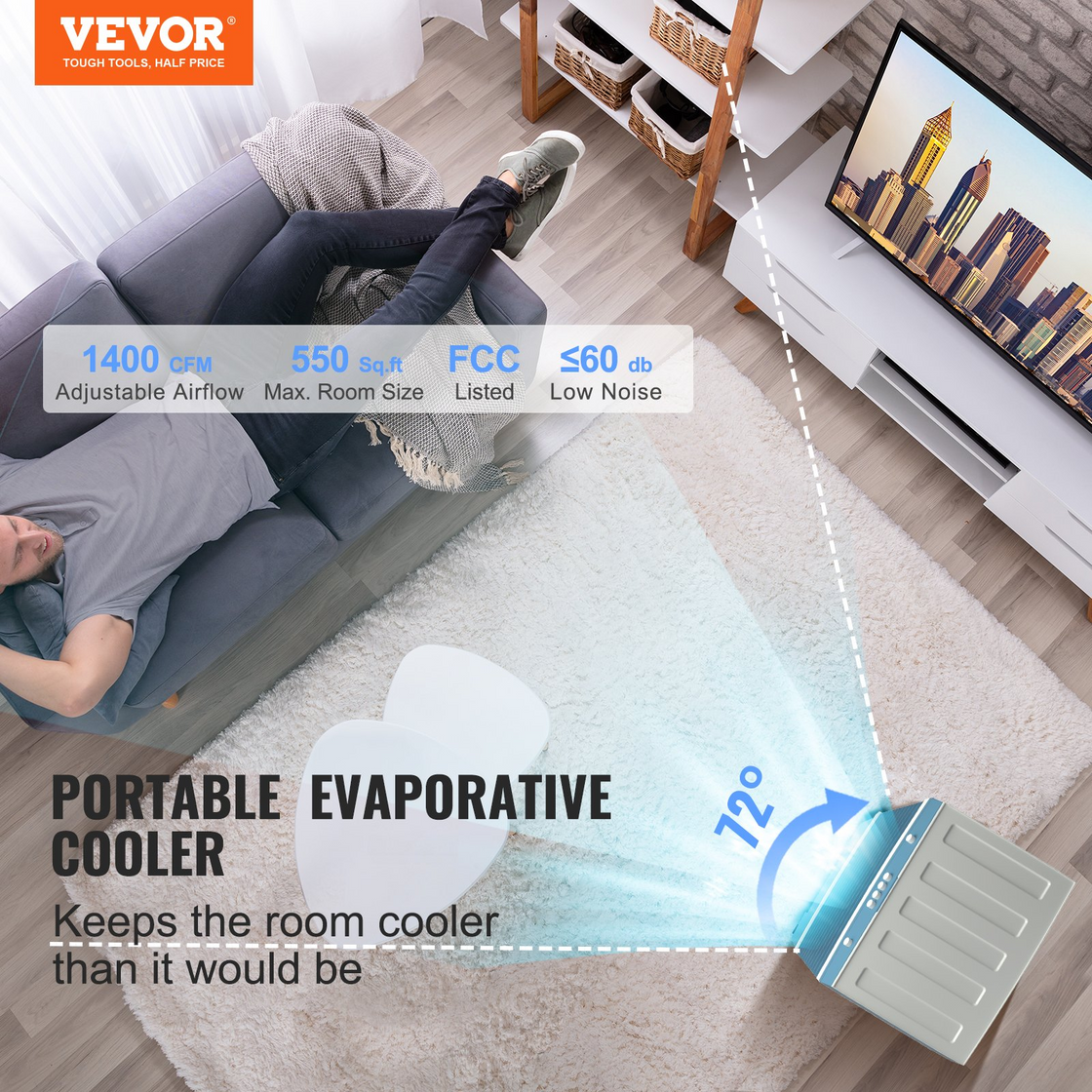 VEVOR Evaporative Cooler, 1400 CFM Air Cooler for 550 Sq.ft with 3 Speeds, Indoor Outdoor Use
