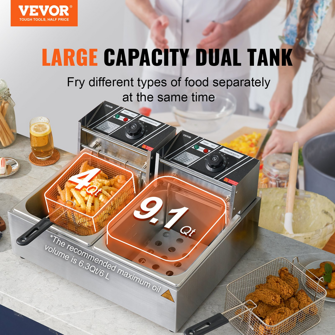 VEVOR Commercial Electric Deep Fryer Countertop Deep Fryer Dual Detachable Tanks