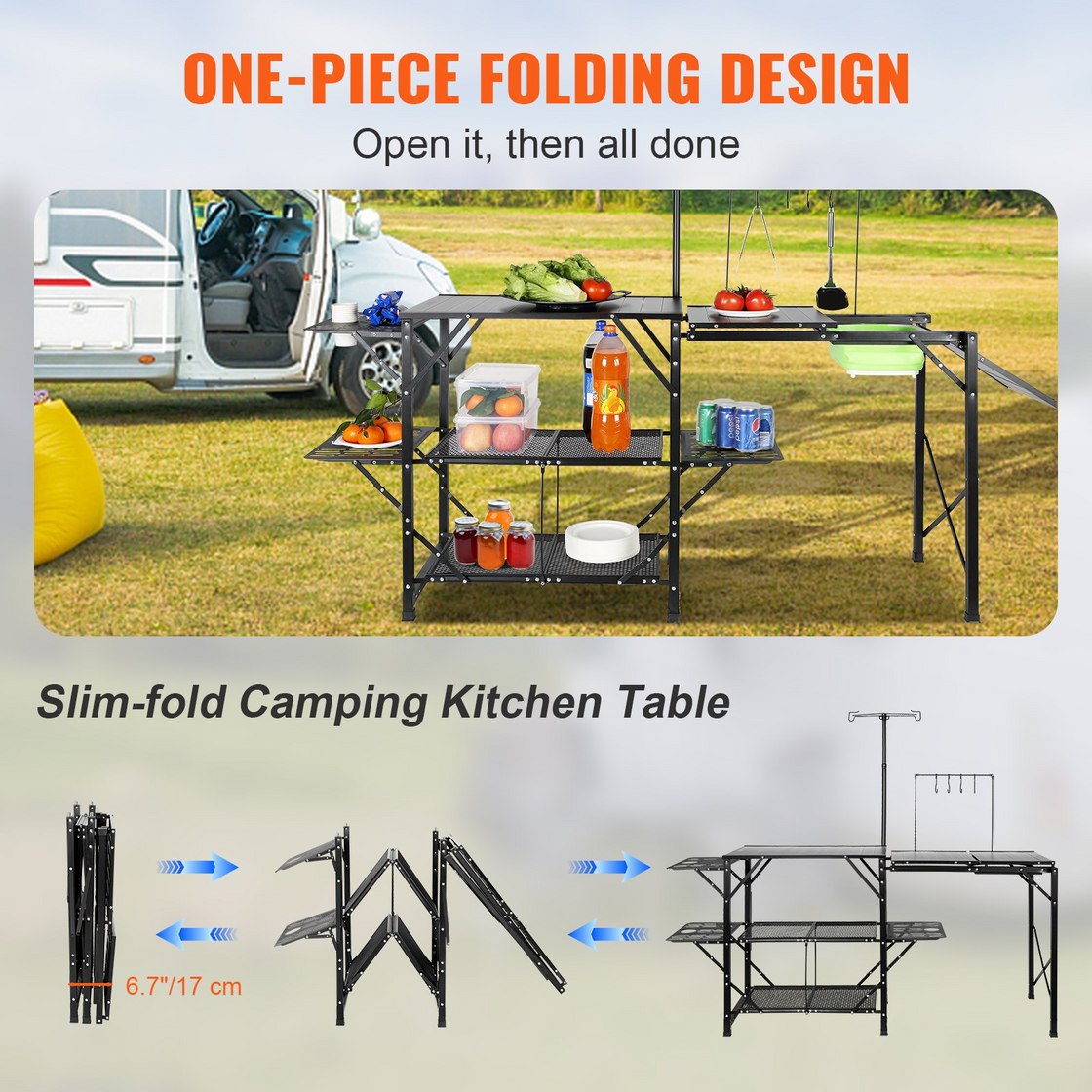 VEVOR Camping Kitchen Table, One-piece Folding Portable Cook Station with A Carrying Bag, Long Aluminum Camping Table 3 Side Tables, 2 Shelves & A Detachable Sink for Outdoor Picnics, BBQs, Camping