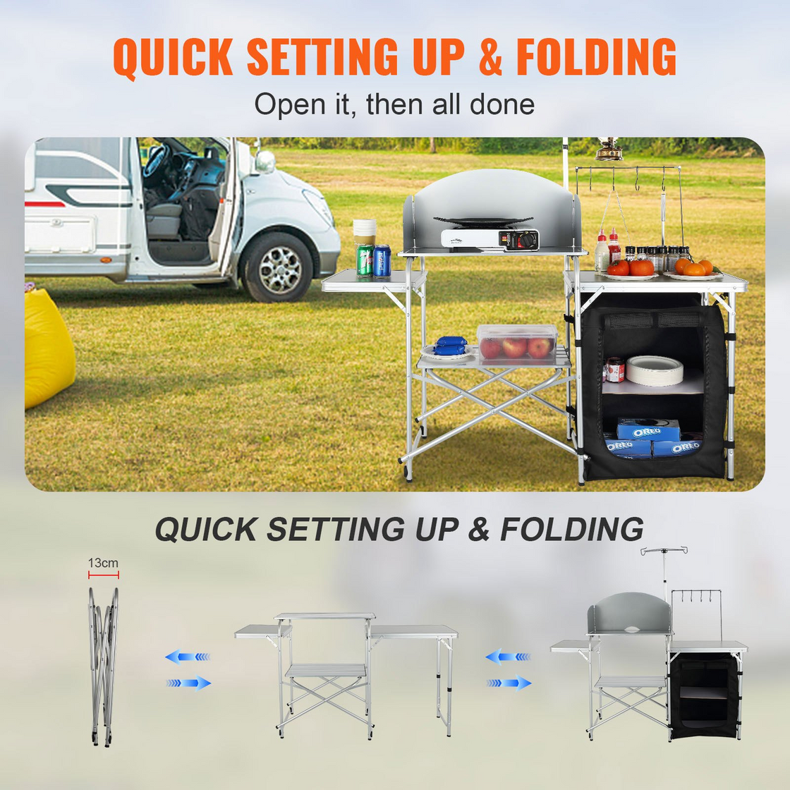VEVOR Camping Kitchen Table, Folding Outdoor Cooking Table with Storage Carrying Bag, Aluminum Cook Station 1 Cupboard & Detachable Windscreen, Quick Set-up for Picnics, BBQ, RV Traveling, Black