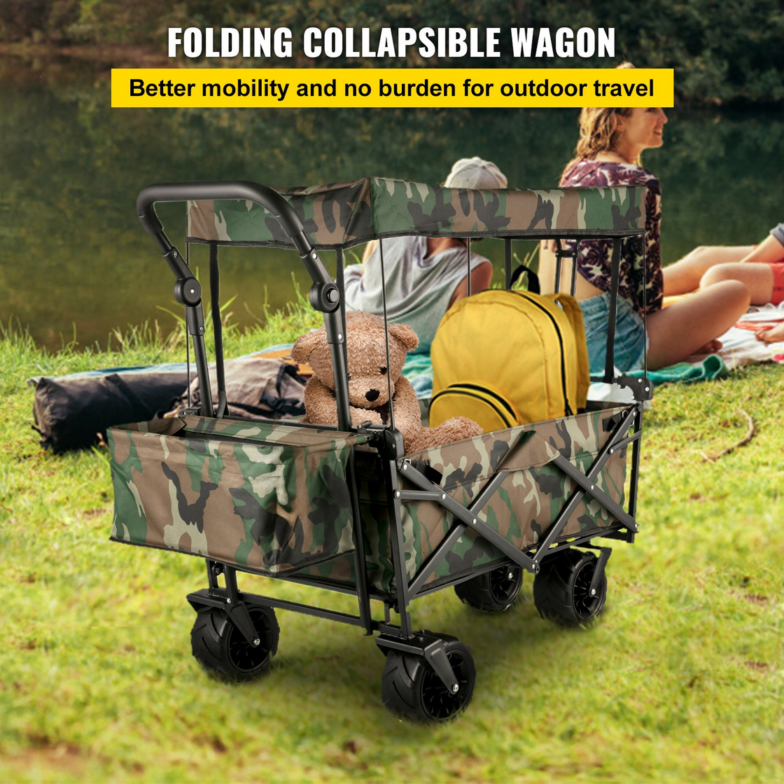 VEVOR Collapsible Folding Wagon with Removable Canopy - Heavy Duty Utility Cart for Garden, Camping, and More