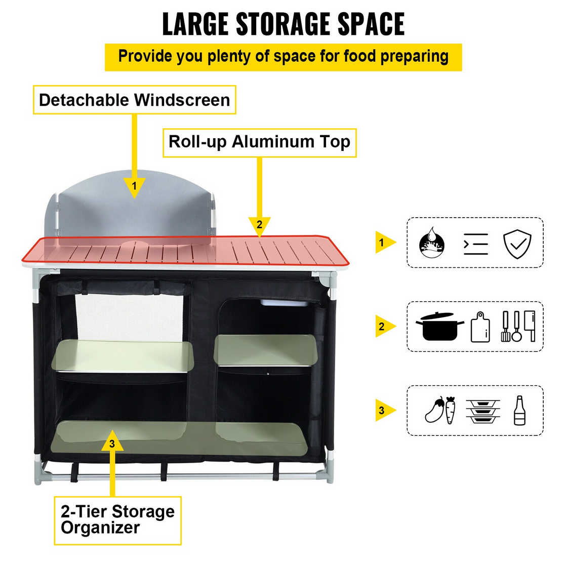 VEVOR Aluminum Portable Camping Kitchen Detachable Windscreen Storage Organizer & Carrying Bag, Outdoor Grill Station - Black