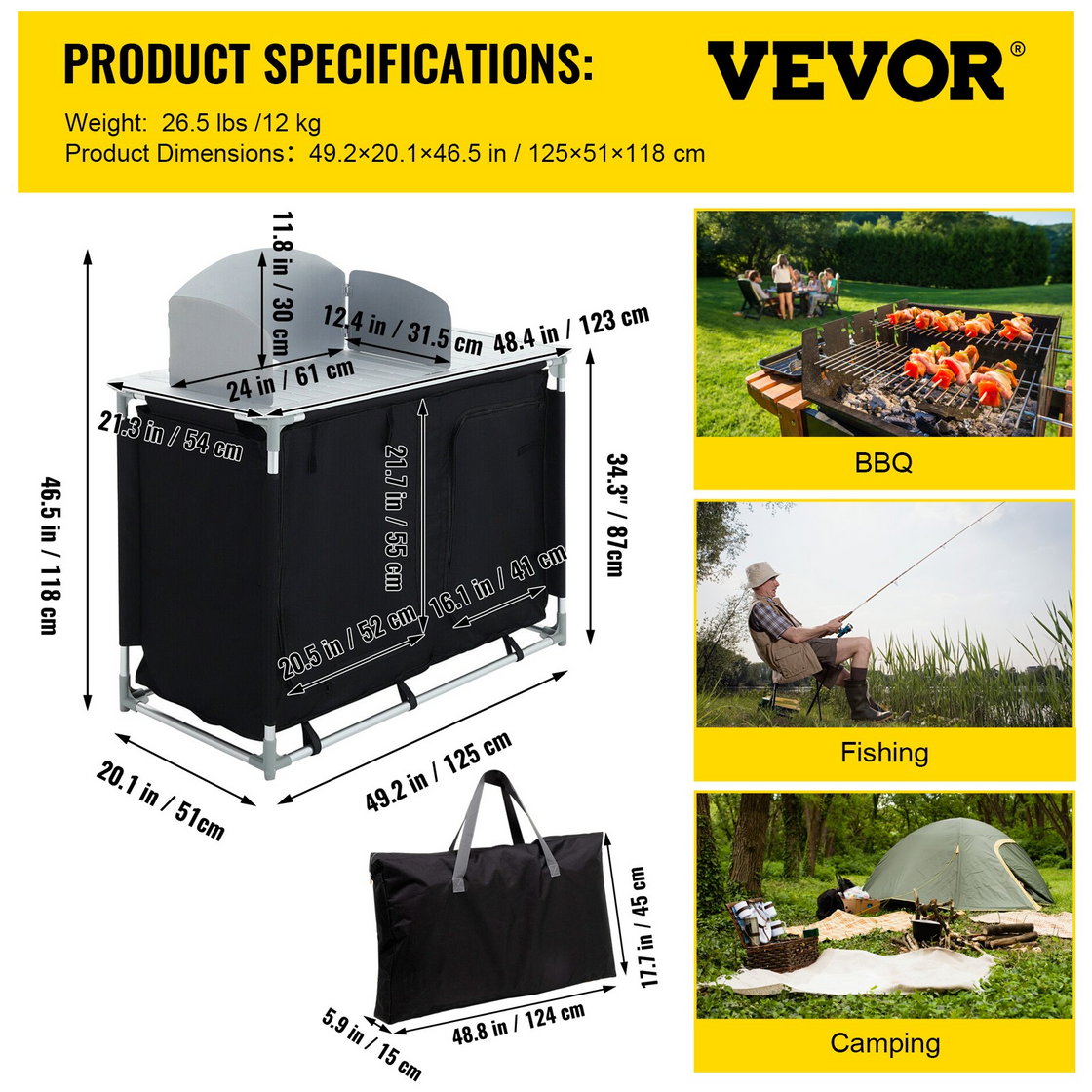 VEVOR Aluminum Portable Camping Kitchen Detachable Windscreen Storage Organizer & Carrying Bag, Outdoor Grill Station - Black