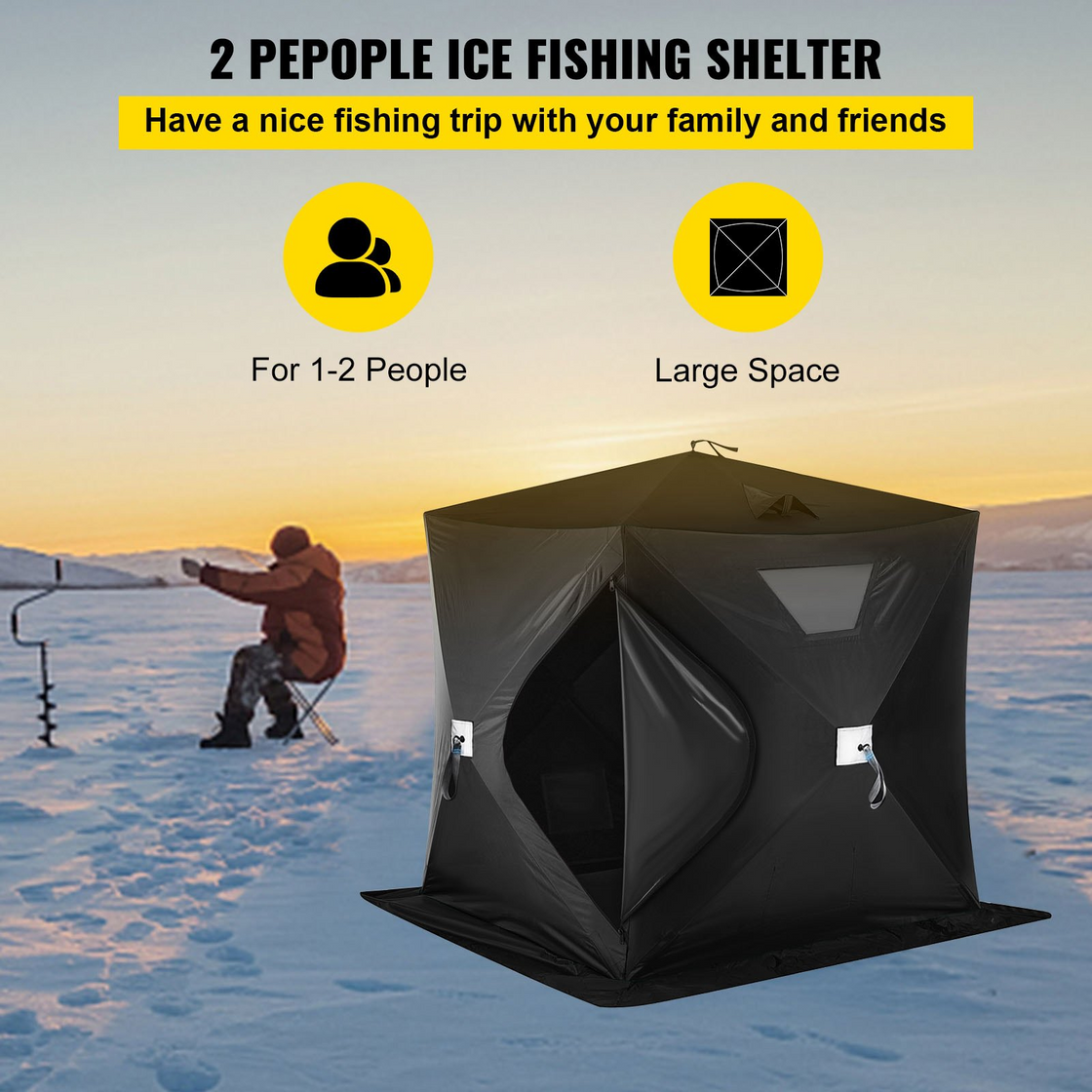 VEVOR 2-3 Person Ice Fishing Shelter, Pop-Up Portable Insulated Ice Fishing Tent, Waterproof Oxford Fabric