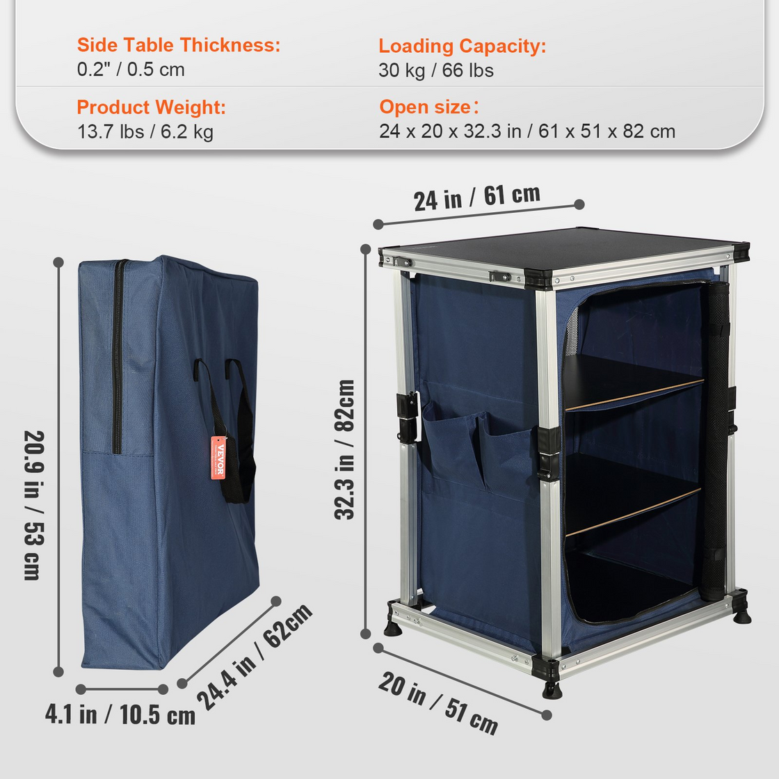 VEVOR Camping Kitchen Table, Portable Folding Cook Station w/ 3-Tier Storage Organizer, Side Pocket & Carrying Bag - Blue