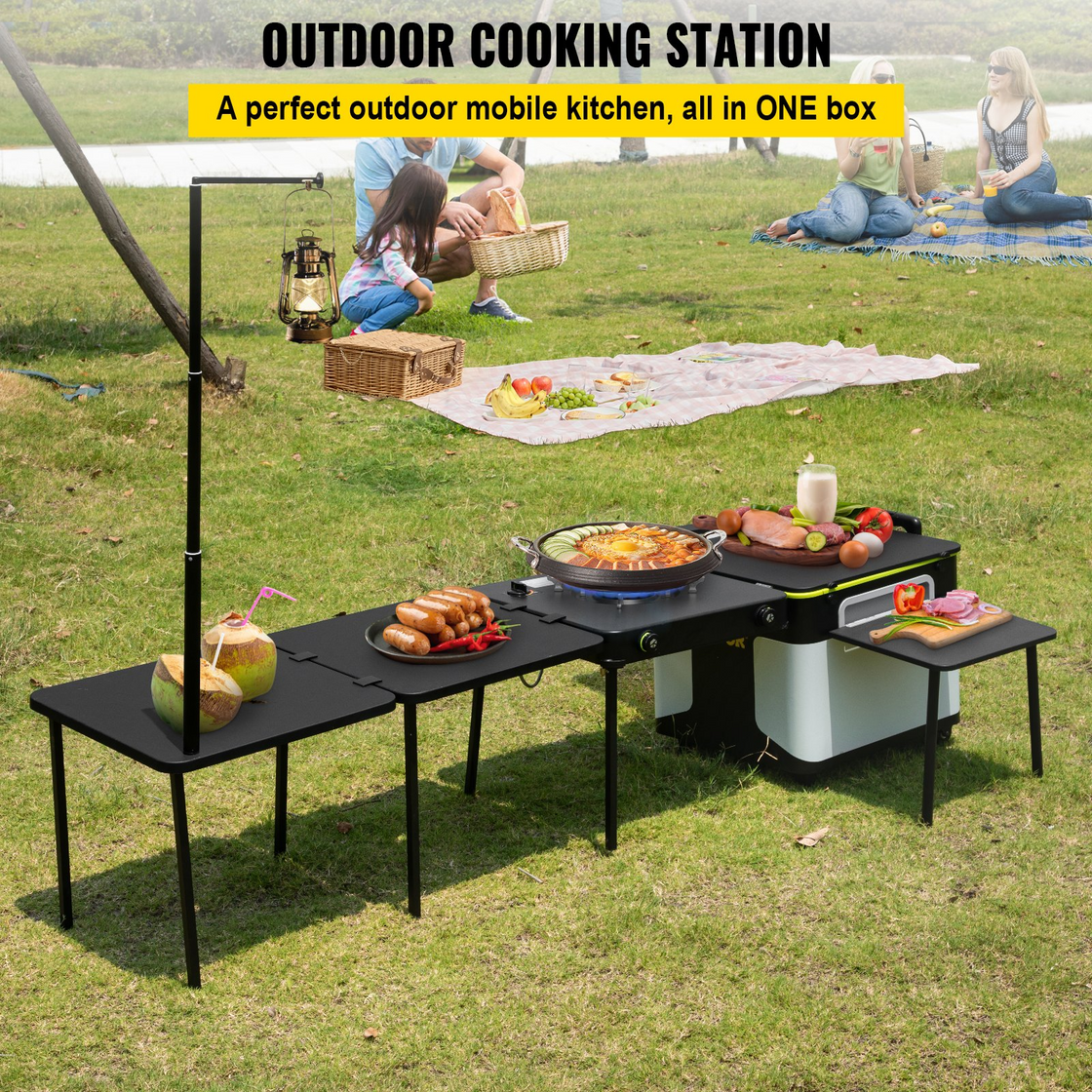 VEVOR Outdoor Mobile Kitchen, Portable Multifunctional Camp Box with Wheels All in One Integrated Cooking Station with Windproof Stove, Folding Tables Storage Organizer, Black