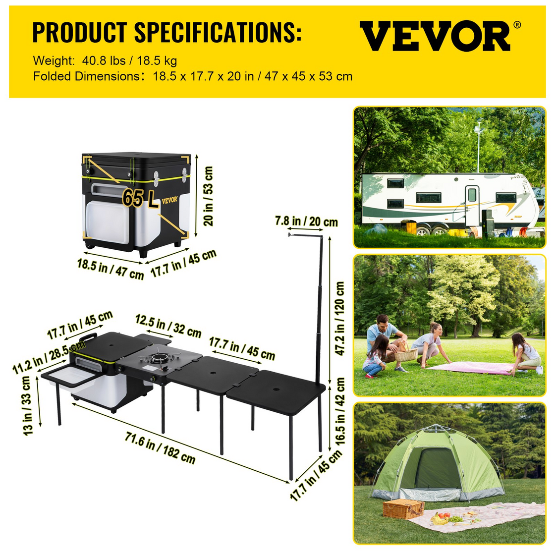 VEVOR Outdoor Mobile Kitchen, Portable Multifunctional Camp Box with Wheels All in One Integrated Cooking Station with Windproof Stove, Folding Tables Storage Organizer, Black